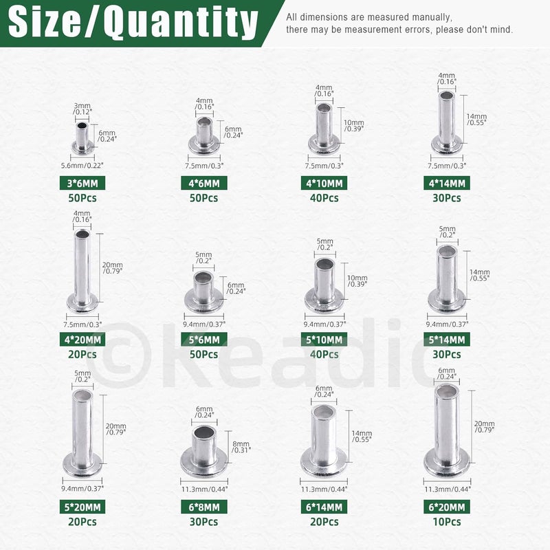 Keadic 390Pcs M4 M5 M6 Aluminum Flat Head Semi-Tubular Rivets Assortment Set, 12 Sizes Silver Tone Metal Stud Fasteners for Leather Household Automobile Industry - Image 2